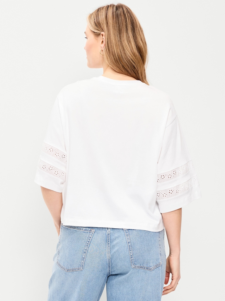 Vintage Crew-Neck Cropped Lace-Trim T-Shirt
