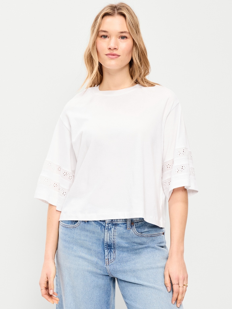Vintage Crew-Neck Cropped Lace-Trim T-Shirt