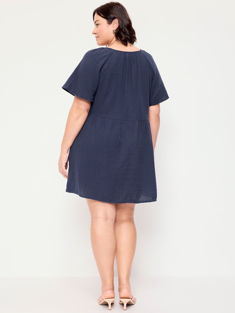 Crinkle Gauze Flutter-Sleeve Mini Swing Dress