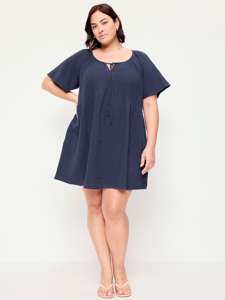 Crinkle Gauze Flutter-Sleeve Mini Swing Dress