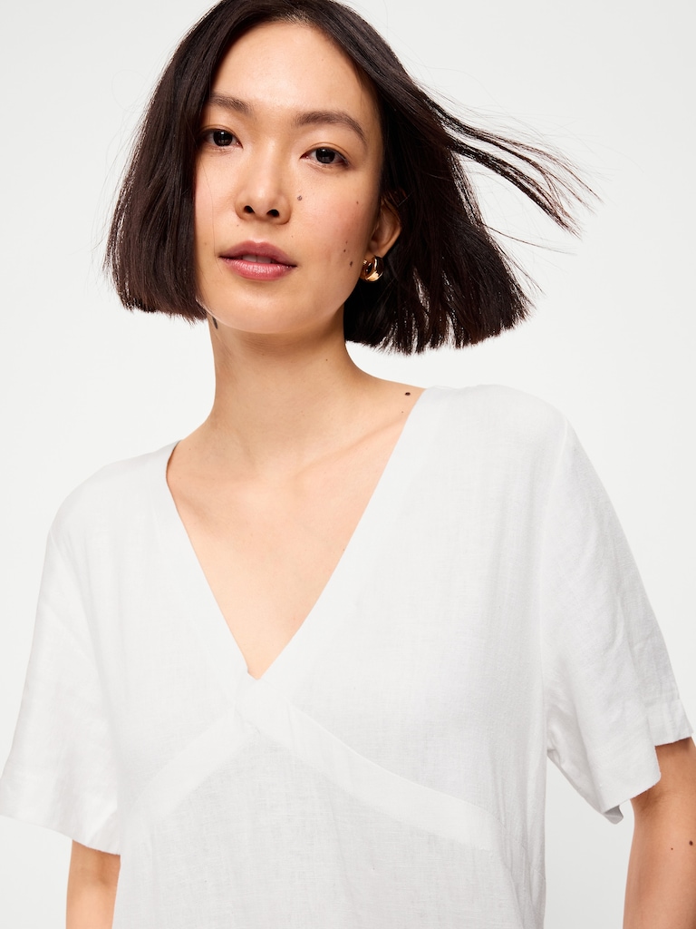 V-Neck Linen-Blend Mini Shift Dress