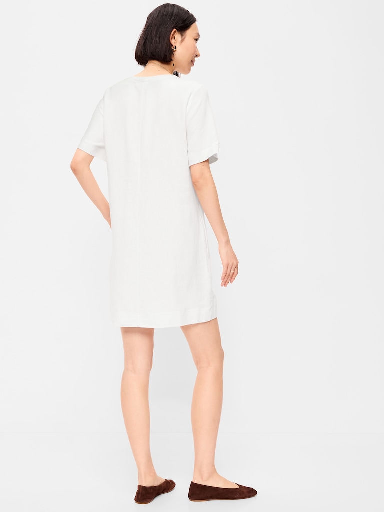 V-Neck Linen-Blend Mini Shift Dress