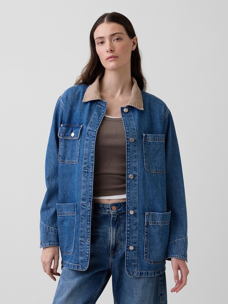 Corduroy-Collar Denim Barn Jacket