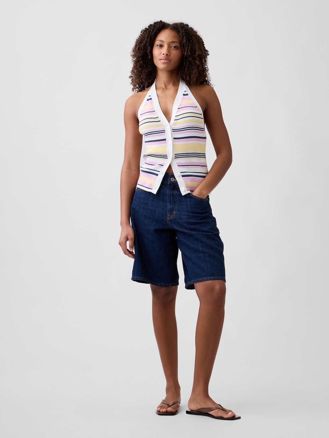 Sleeveless Halter Button-Up Sweater