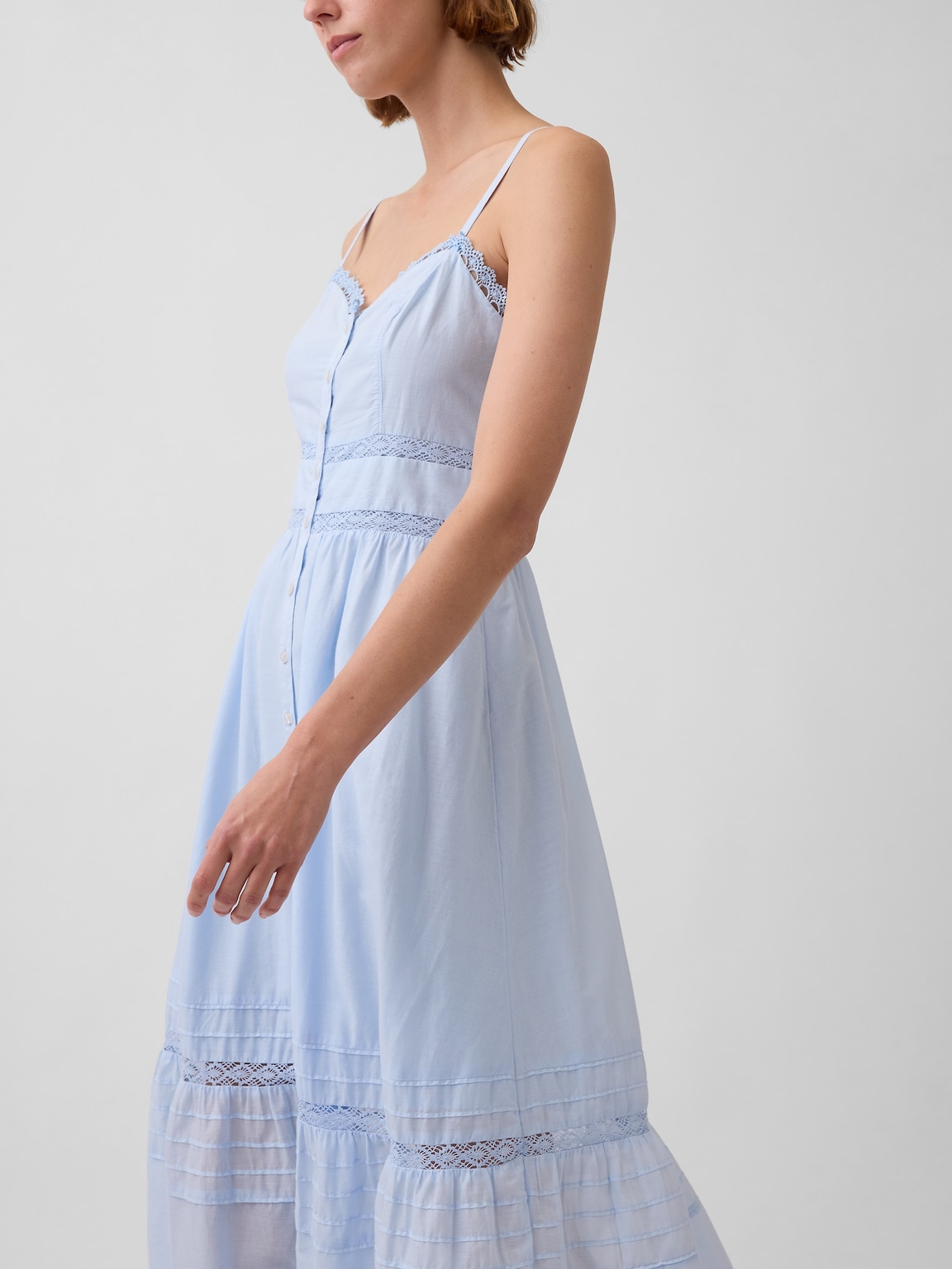 Lace-Trim Button-Front Maxi Dress