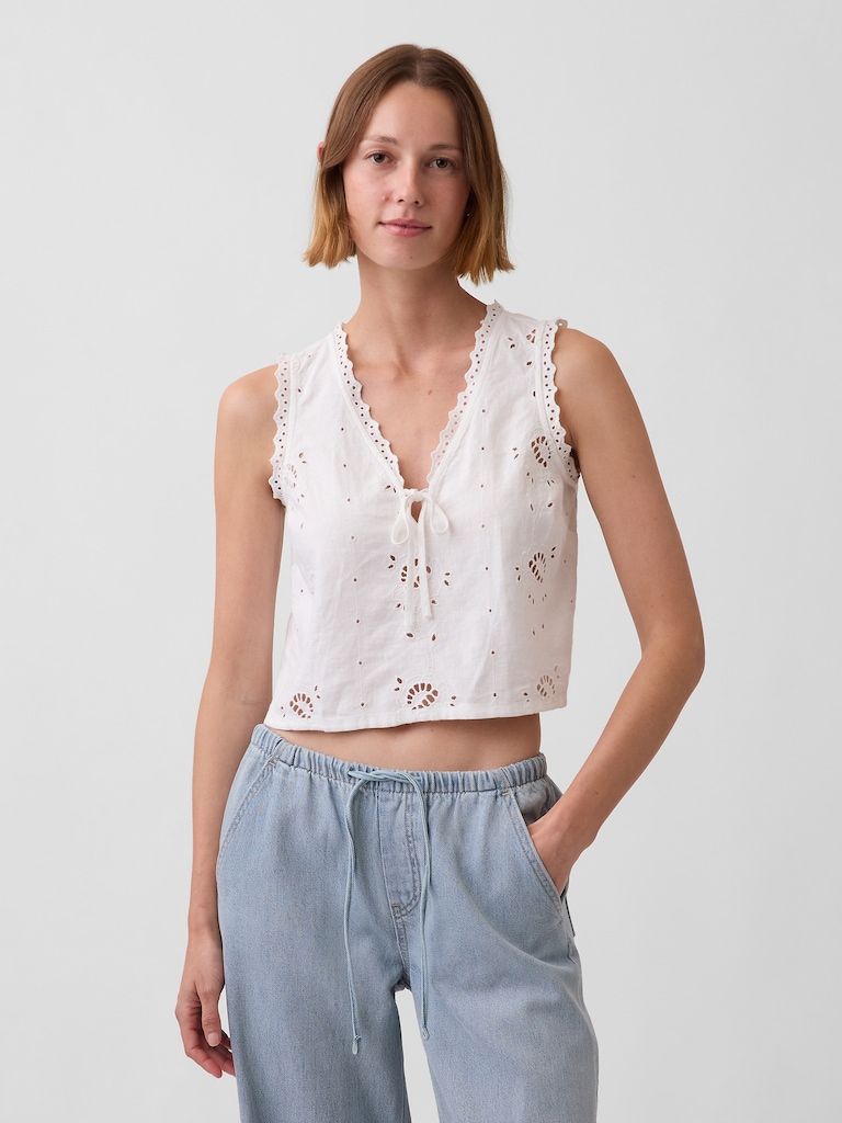 Linen-Blend Embroidered Crop Shell Tank Top