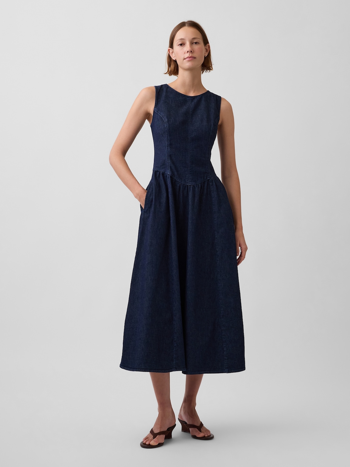 Denim Drop-Waist Midi Dress