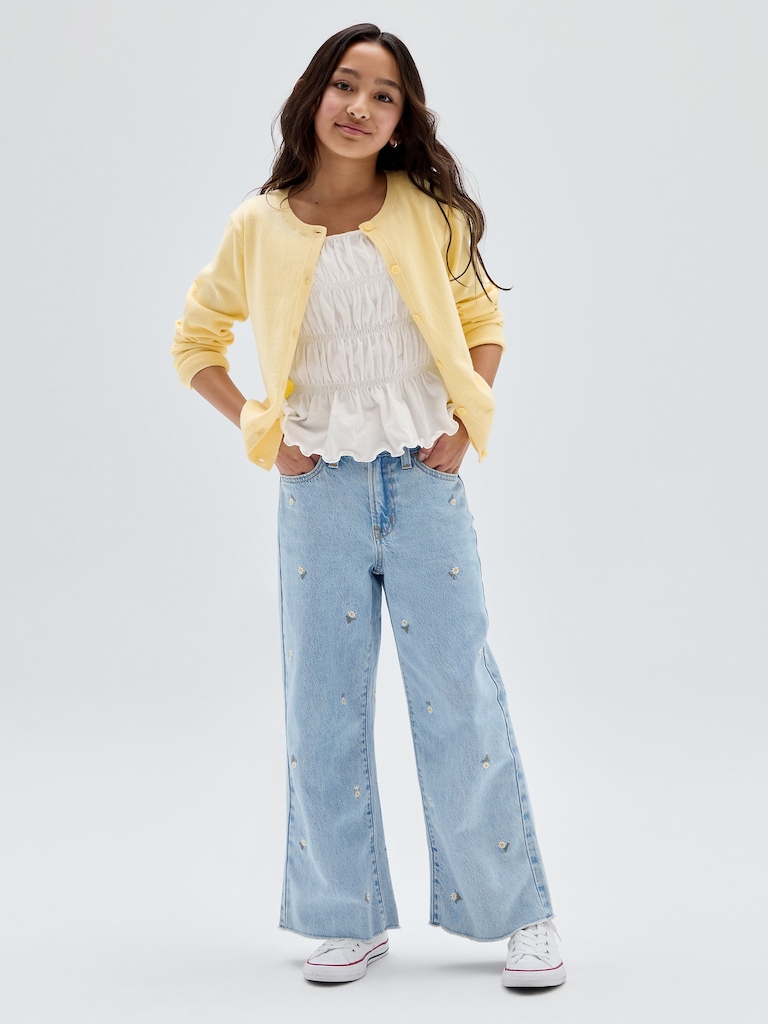 Kids High Rise Embroidered Wide-Leg Jeans