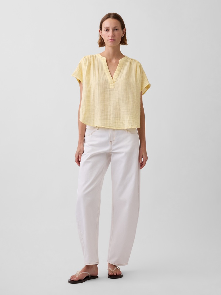 Cotton Gauze Oversized Split-Neck Top