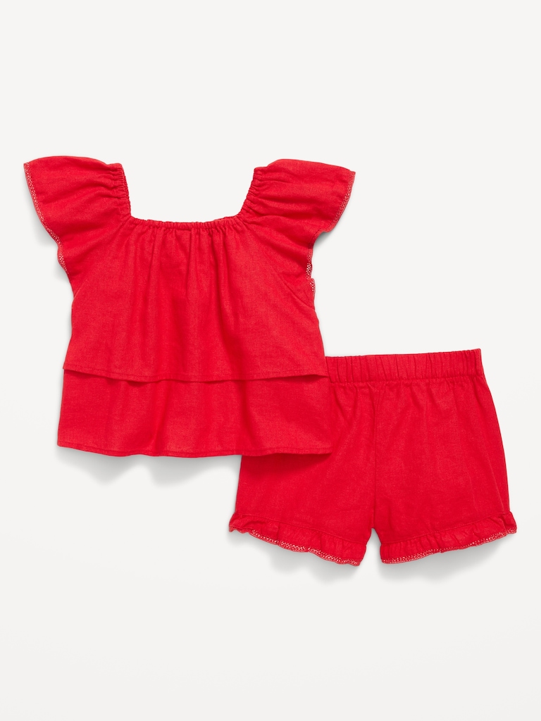 Short-Sleeve Ruffled Linen-Blend Top and Shorts Set for Toddler Girls