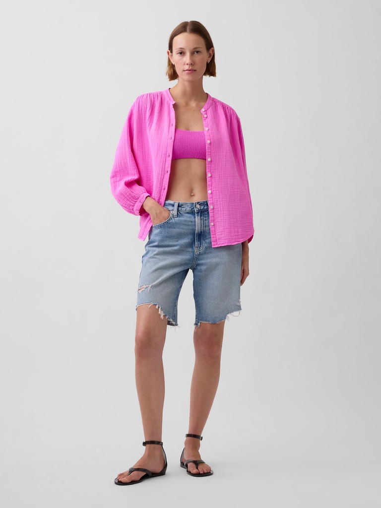 Cotton Gauze Oversized Collarless Shirt