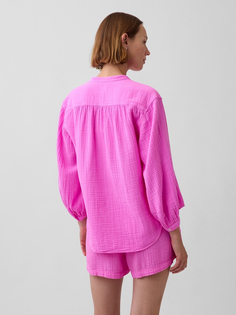 Cotton Gauze Oversized Collarless Shirt