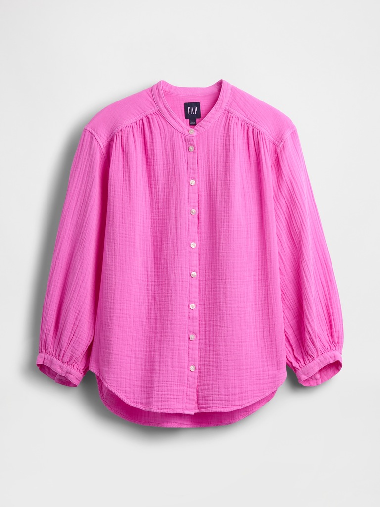 Cotton Gauze Oversized Collarless Shirt