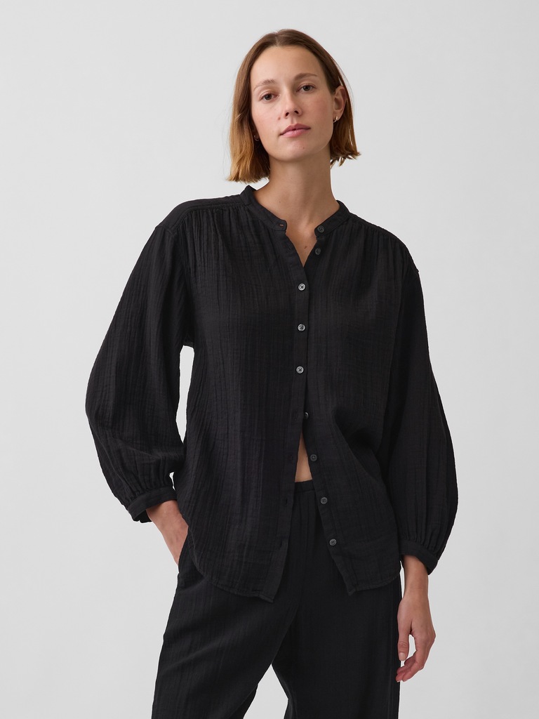 Cotton Gauze Oversized Collarless Shirt