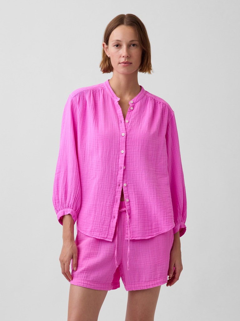 Cotton Gauze Oversized Collarless Shirt