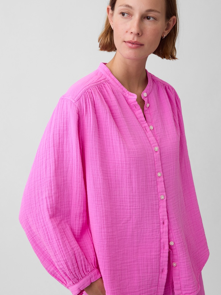 Cotton Gauze Oversized Collarless Shirt