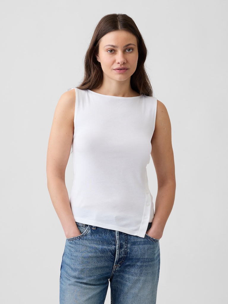 Modern Ribbed Asymmetrical Button-Side Top