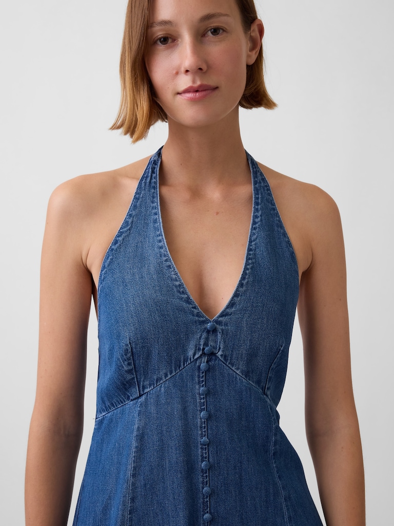 Denim Seamed Halter Maxi Dress