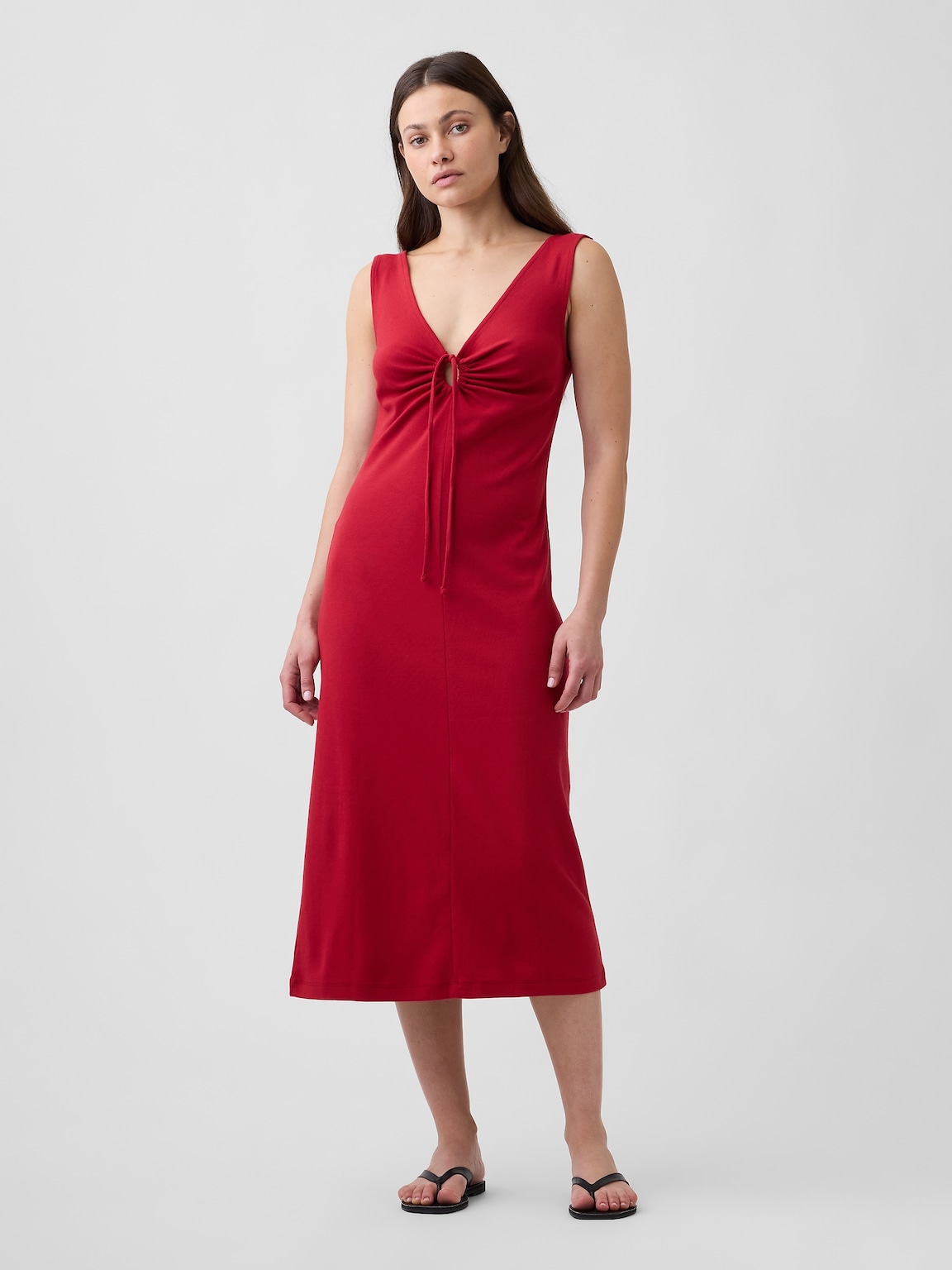Modern Ribbed Tie-Front Midi Dress