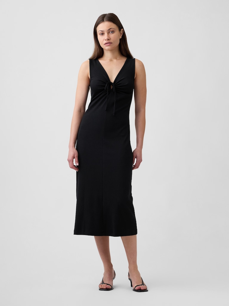 Modern Ribbed Tie-Front Midi Dress