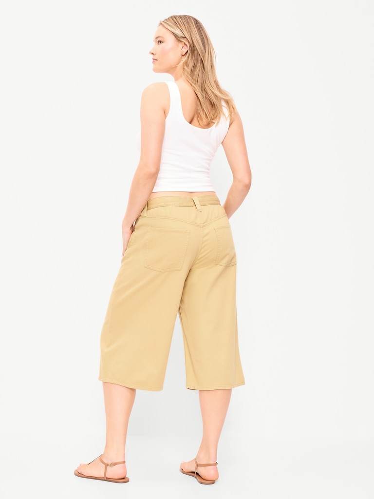 Mid-Rise Baggy Drawstring Wide-Leg Culotte Pants