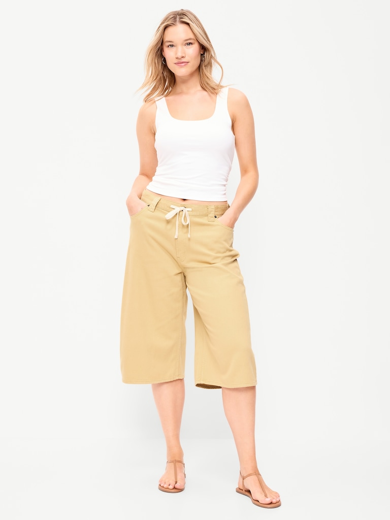 Mid-Rise Baggy Drawstring Wide-Leg Culotte Pants