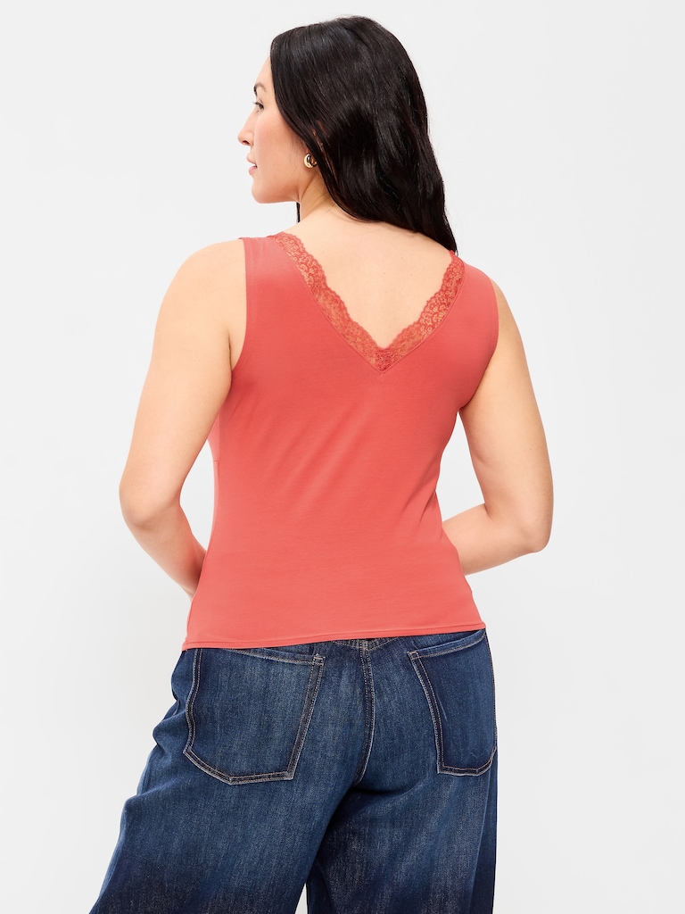 Sleeveless Lace-Trim V-Neck Ribbed Top