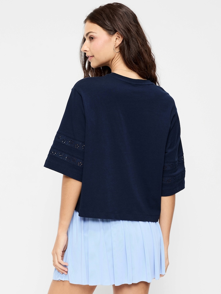 Vintage Crew-Neck Cropped Lace-Trim T-Shirt