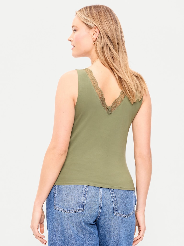 Sleeveless Lace-Trim V-Neck Ribbed Top