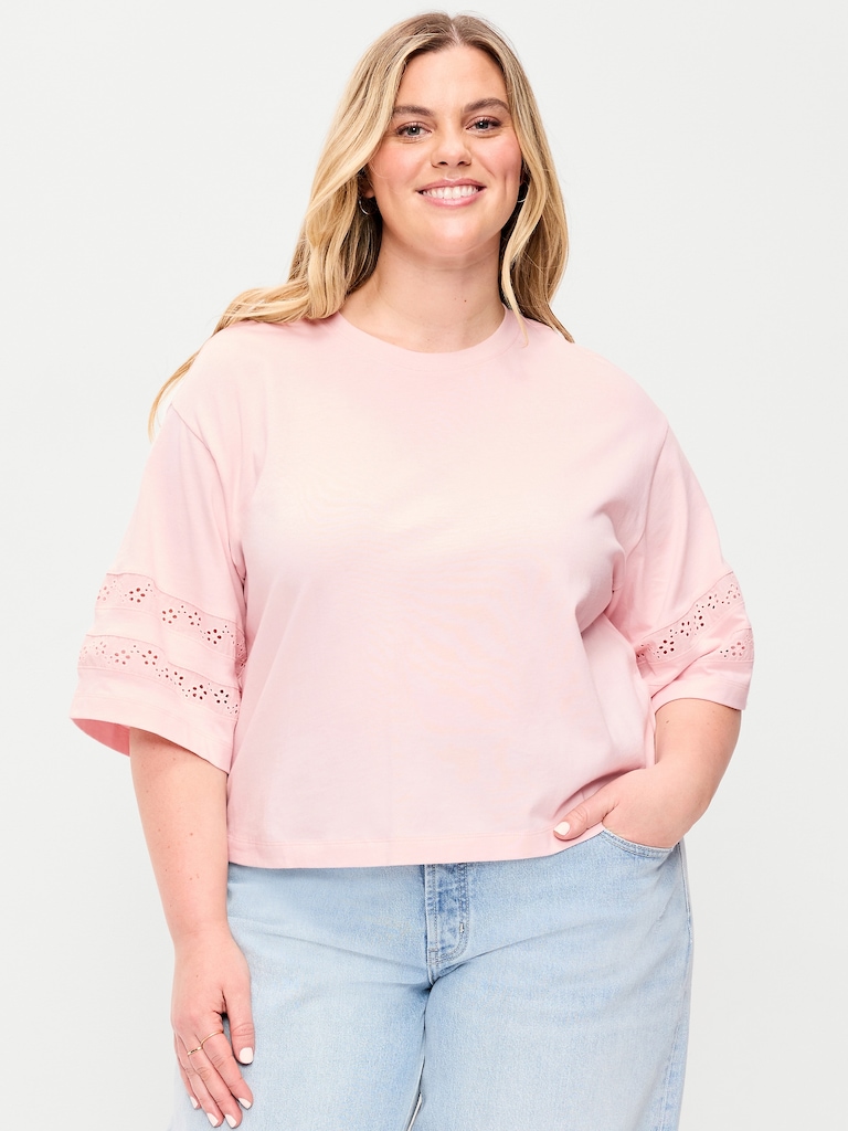 Vintage Crew-Neck Cropped Lace-Trim T-Shirt