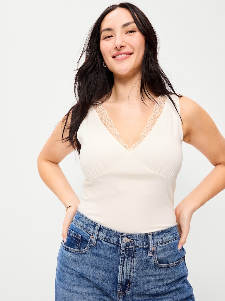 Sleeveless Lace-Trim V-Neck Ribbed Top