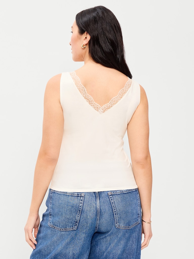 Sleeveless Lace-Trim V-Neck Ribbed Top
