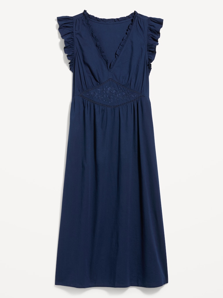 Ruffle-Trim V-Neck Midi Dress