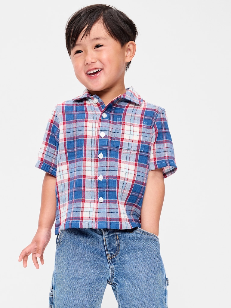 Short-Sleeve Double-Weave Cotton Shirt for Toddler Boys
