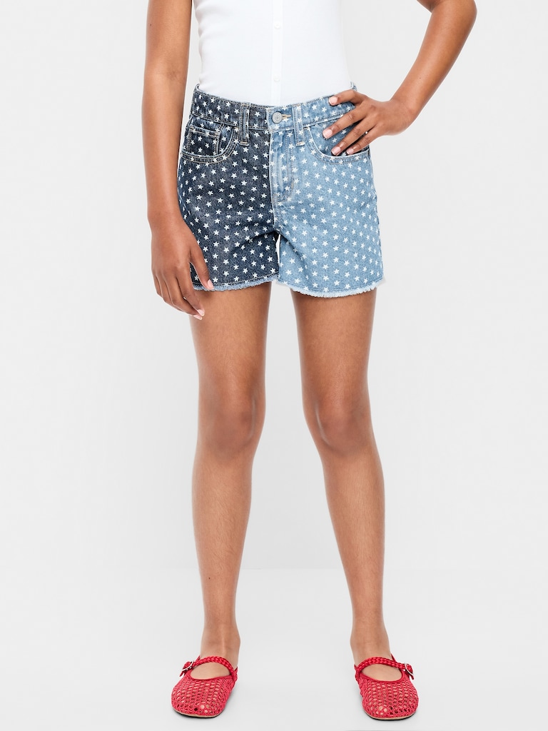 Short en denim deux tons à taille haute et à ourlet effiloché pour fille