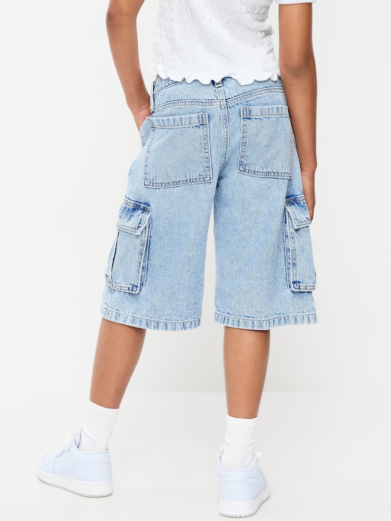 Mid-Rise Ultra Baggy Cargo Jean Shorts for Girls