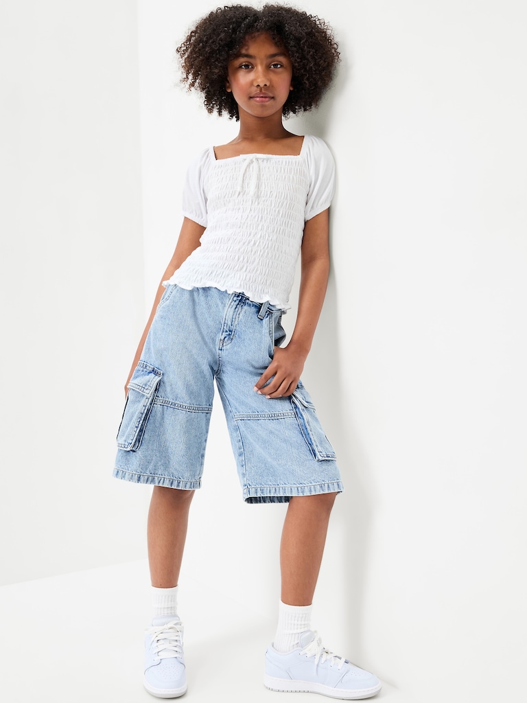 Mid-Rise Ultra Baggy Cargo Jean Shorts for Girls