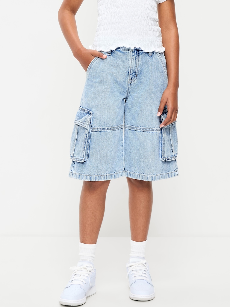 Mid-Rise Ultra Baggy Cargo Jean Shorts for Girls