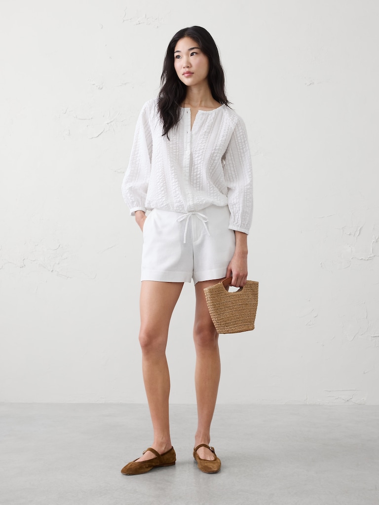 Blouson-Sleeve Buttoned Cloud Check Top