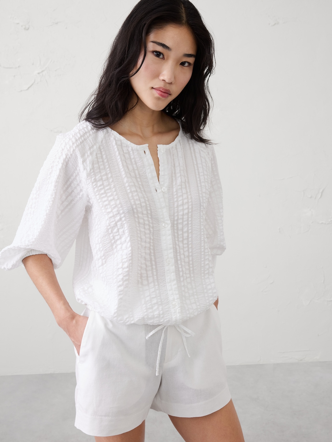 Blouson-Sleeve Buttoned Cloud Check Top