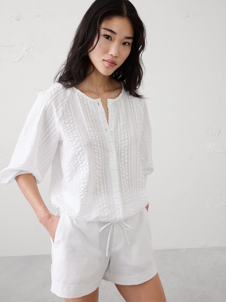 Blouson-Sleeve Buttoned Cloud Check Top