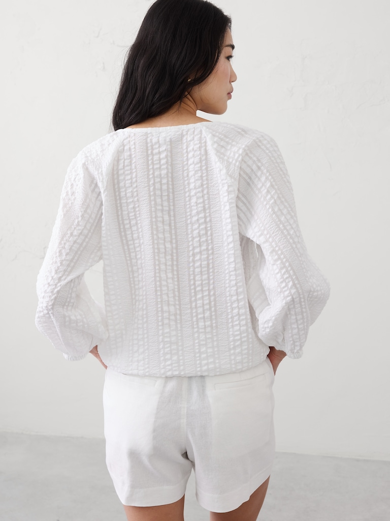Blouson-Sleeve Buttoned Cloud Check Top