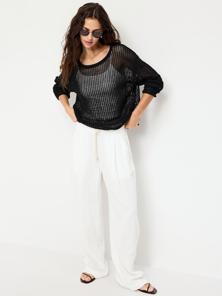Open-Stitch Cropped Sweater