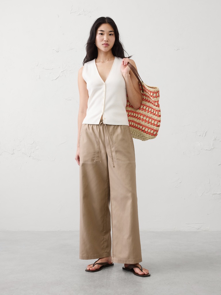 Wide-Leg Mid-Rise Twill Pull-On Utility Pant