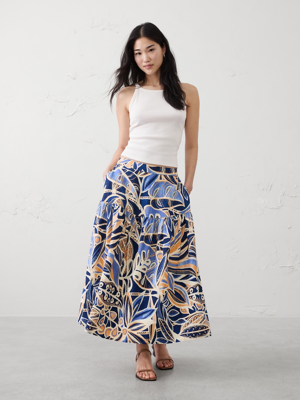 Linen-Blend Tiered Midi Skirt