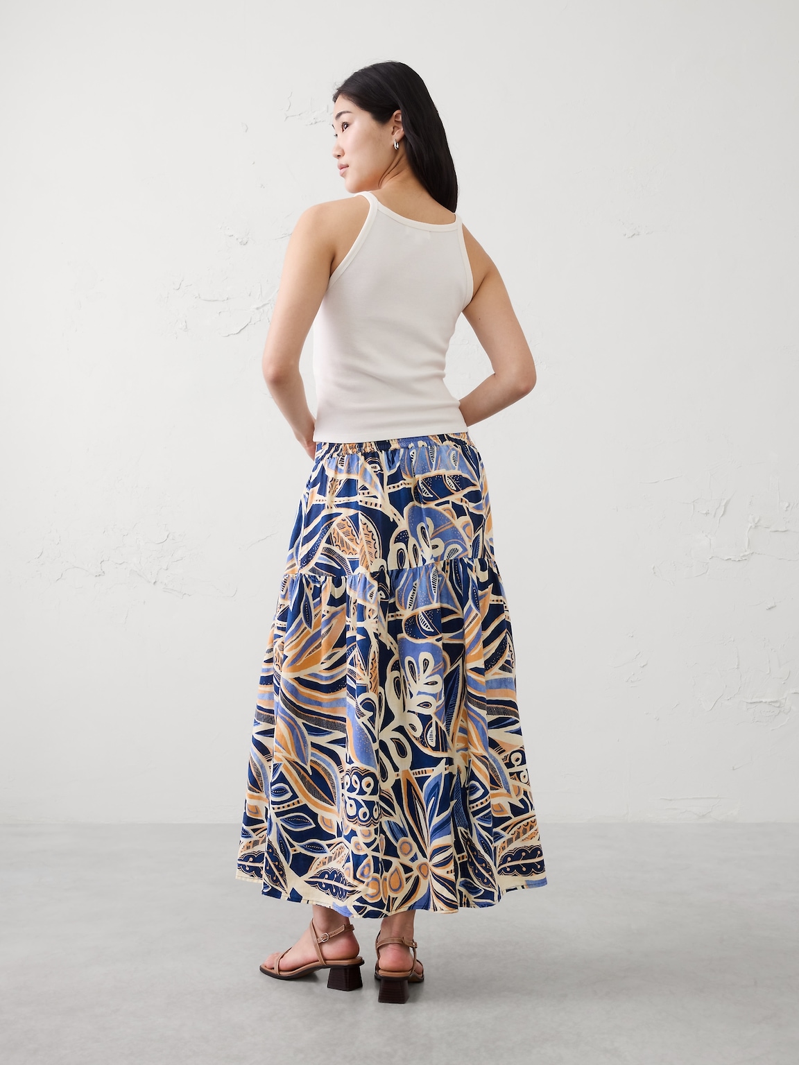 Linen-Blend Tiered Midi Skirt