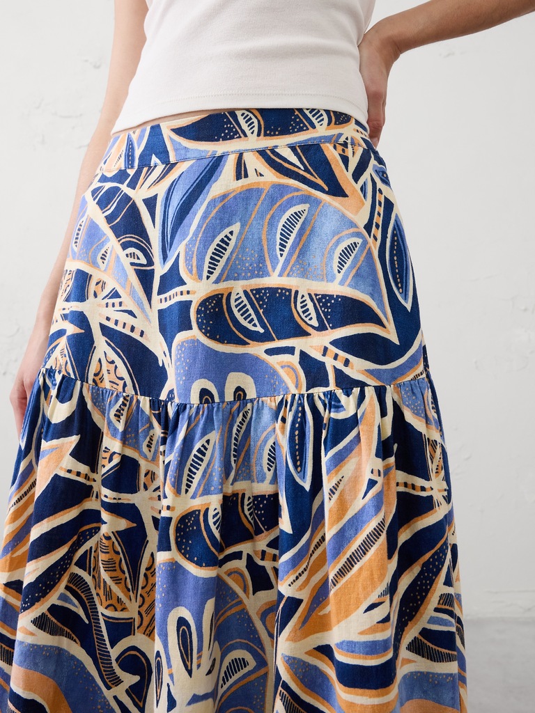 Linen-Blend Tiered Midi Skirt