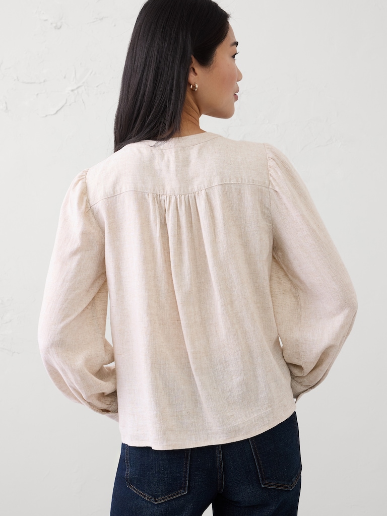 Linen-Blend Drapey Embroidered Top
