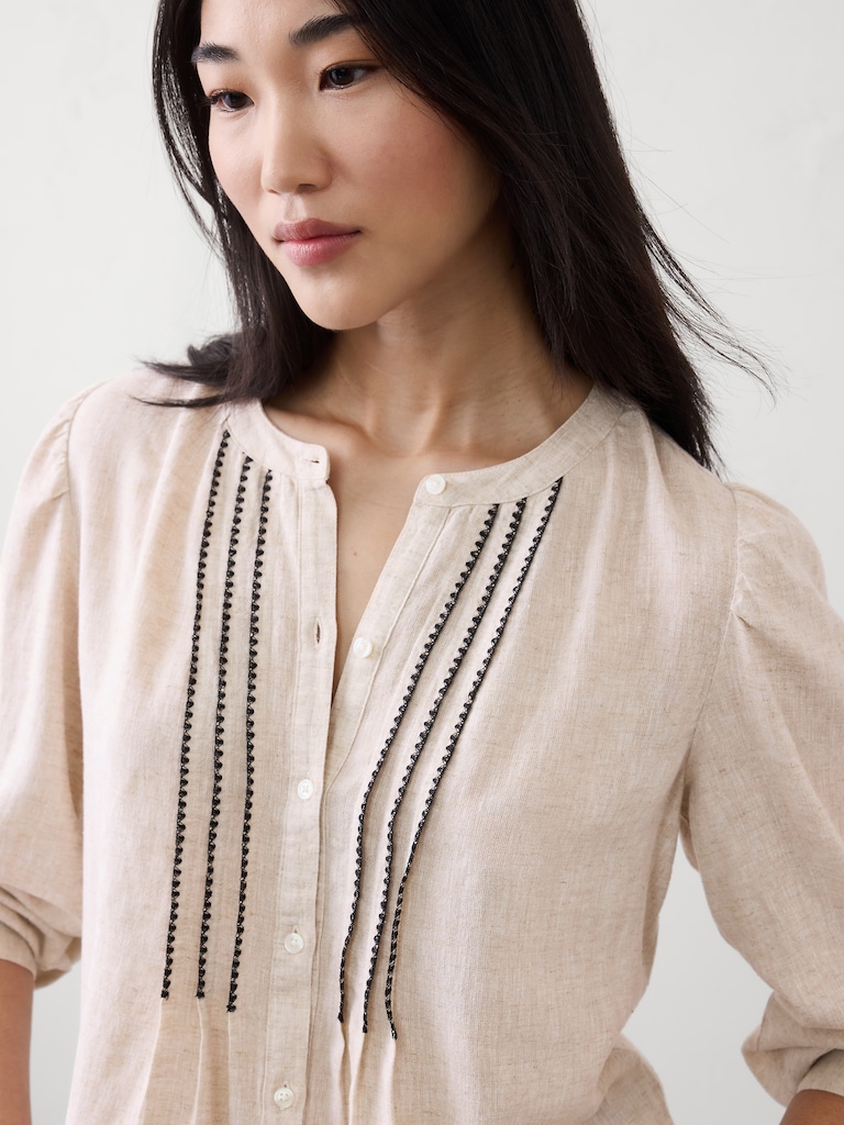 Linen-Blend Drapey Embroidered Top