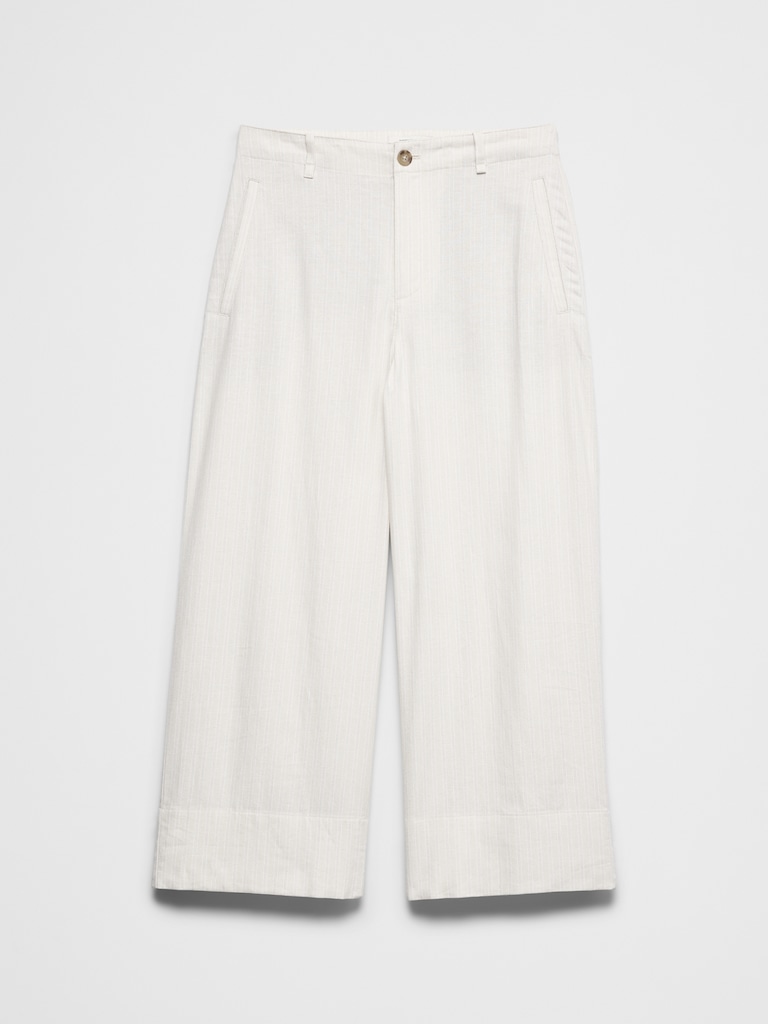 Wide-Leg High-Rise Stripe Linen-Blend Cropped Pant